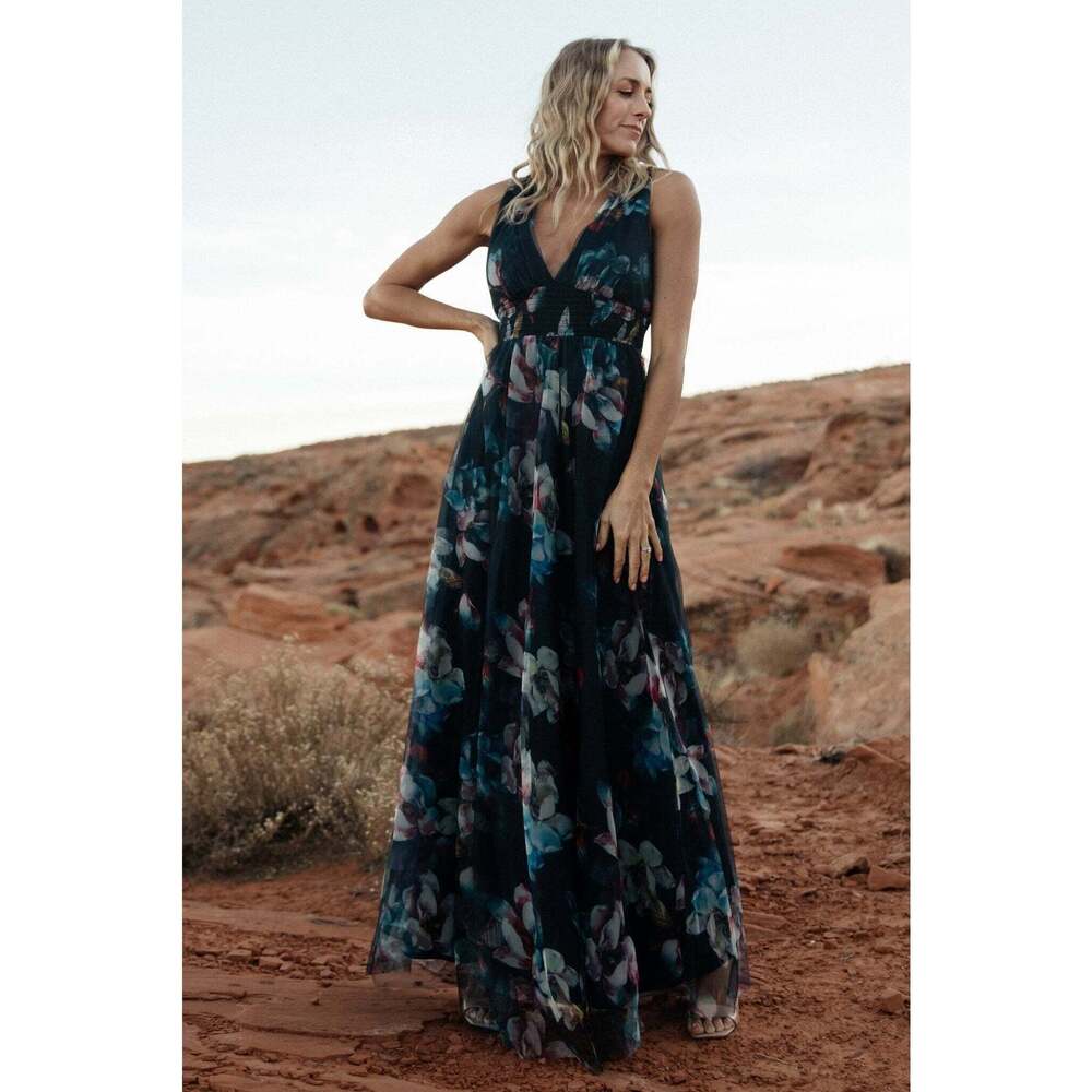 Baltic Born Kamila Tulle Maxi Dress | Navy Abstract Floral Size MM